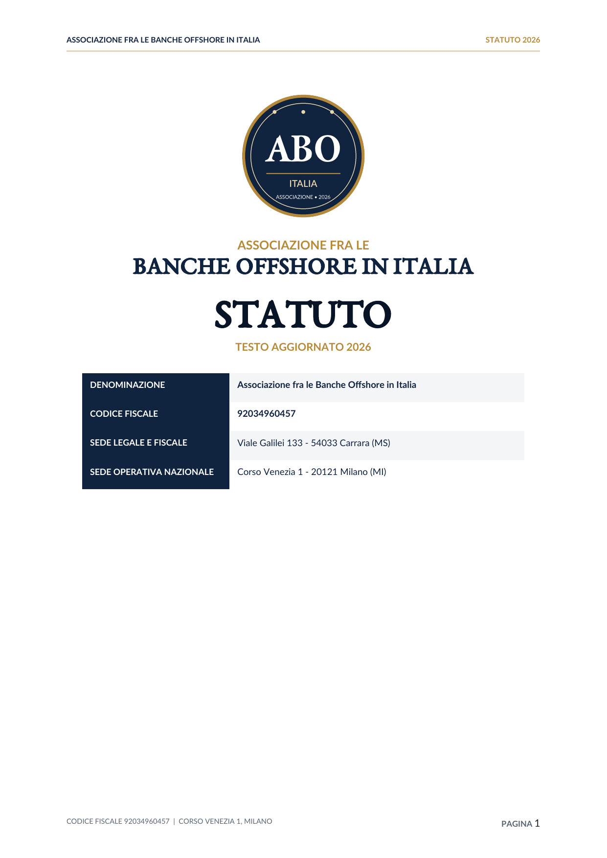 Cover of the 2026 Statute of Associazione fra le Banche Offshore in Italia
